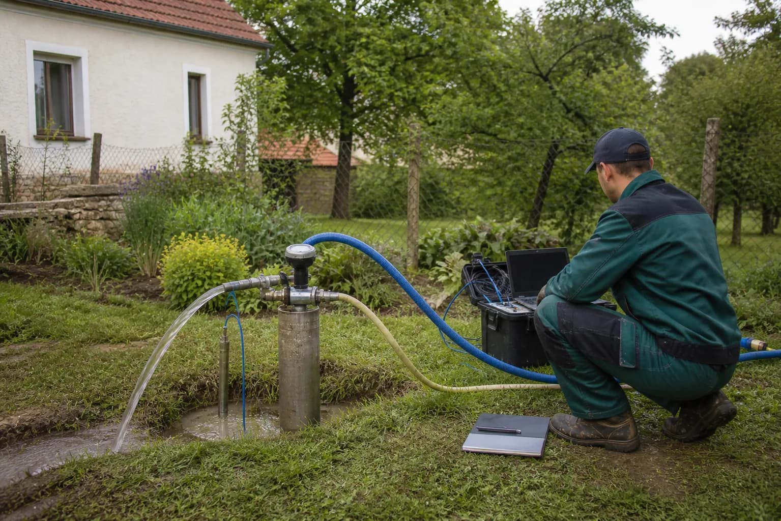 Měřicí sestava a hadice při technickém provedení čerpací zkoušky