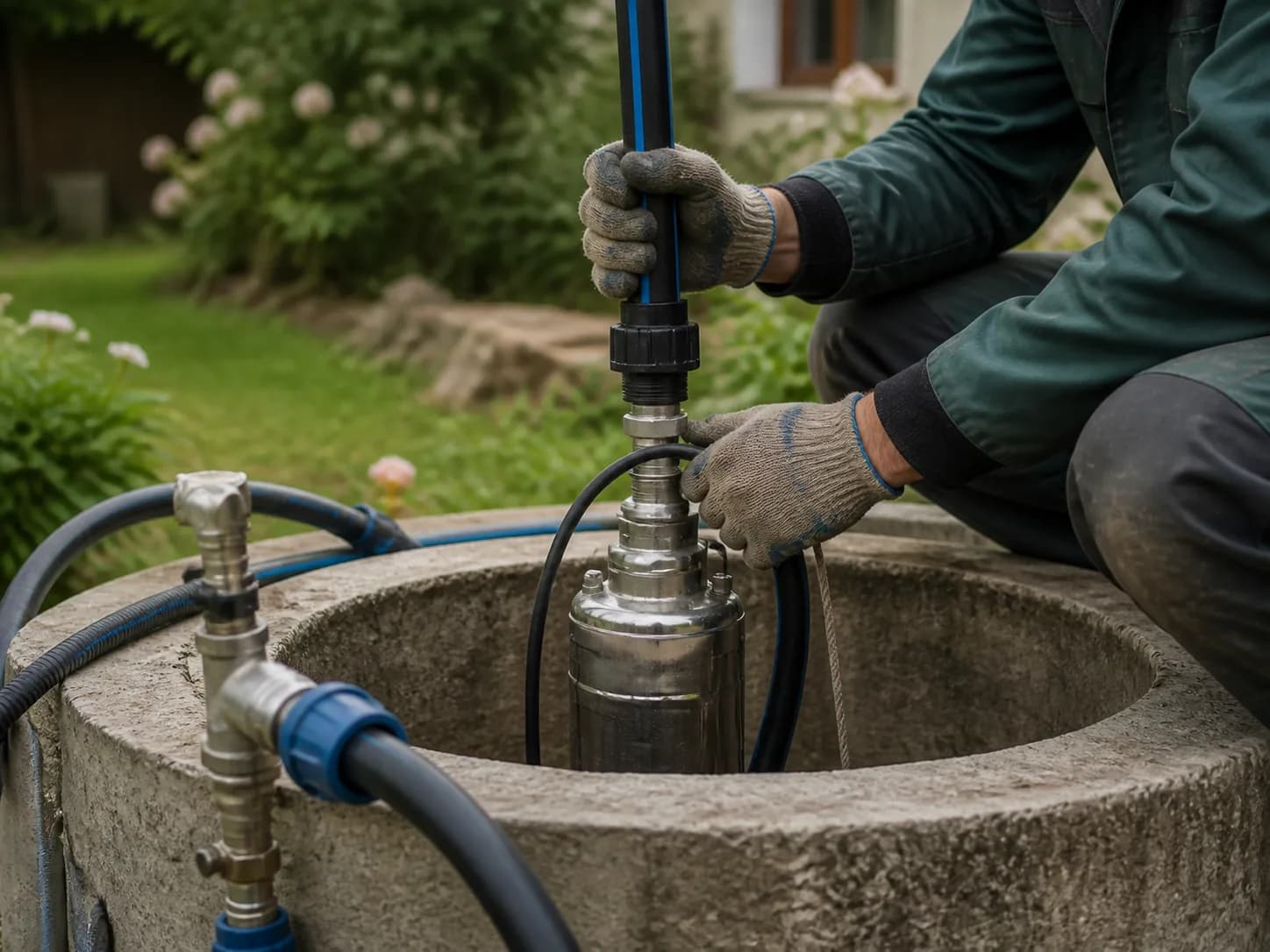 Technik kontroluje čistou sestavu domácí vodárny v technické místnosti