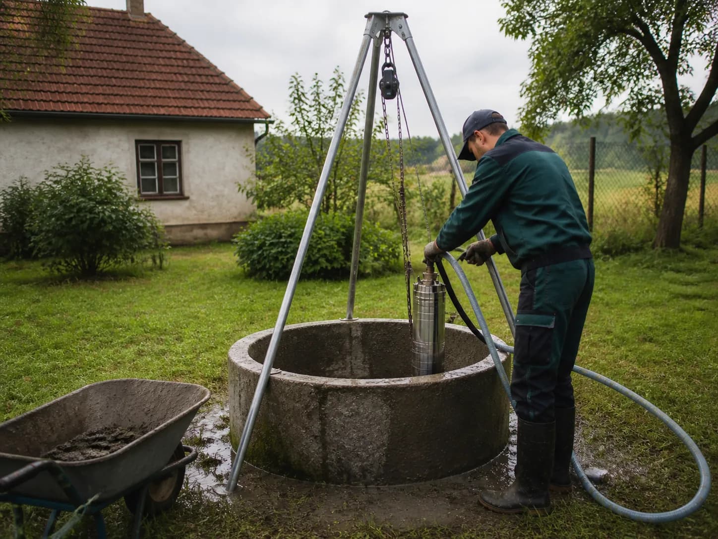 Bezpečně zajištěné čištění starší skružové studny shora
