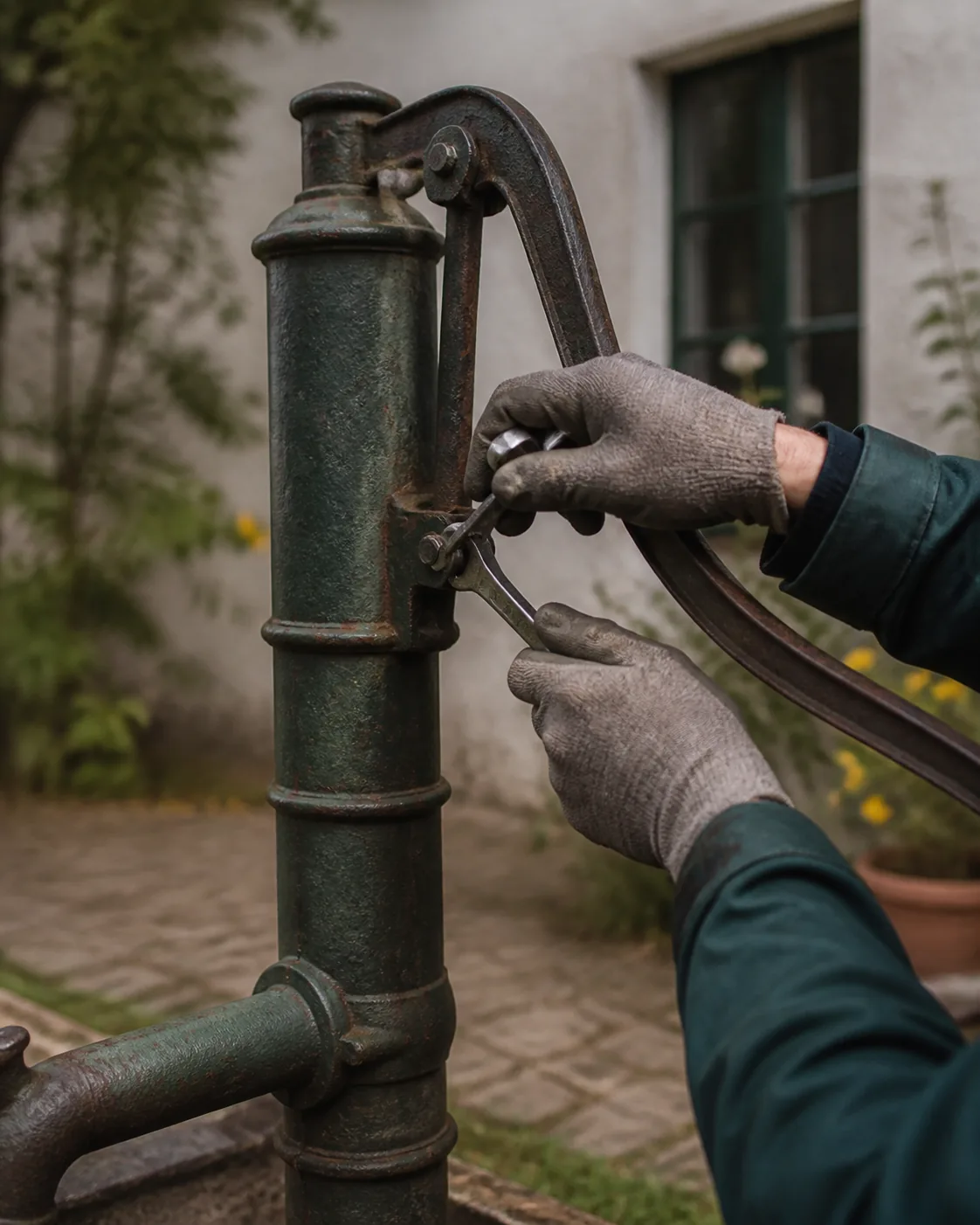 Detail rukou při citlivé opravě starší litinové ruční pumpy