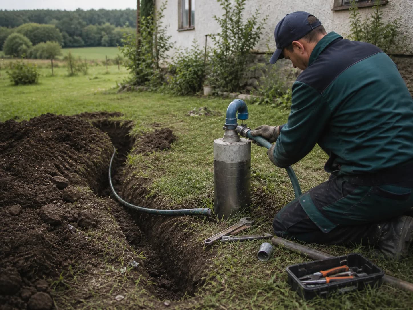 Příprava sacího vedení u stávajícího vrtu na zahradě